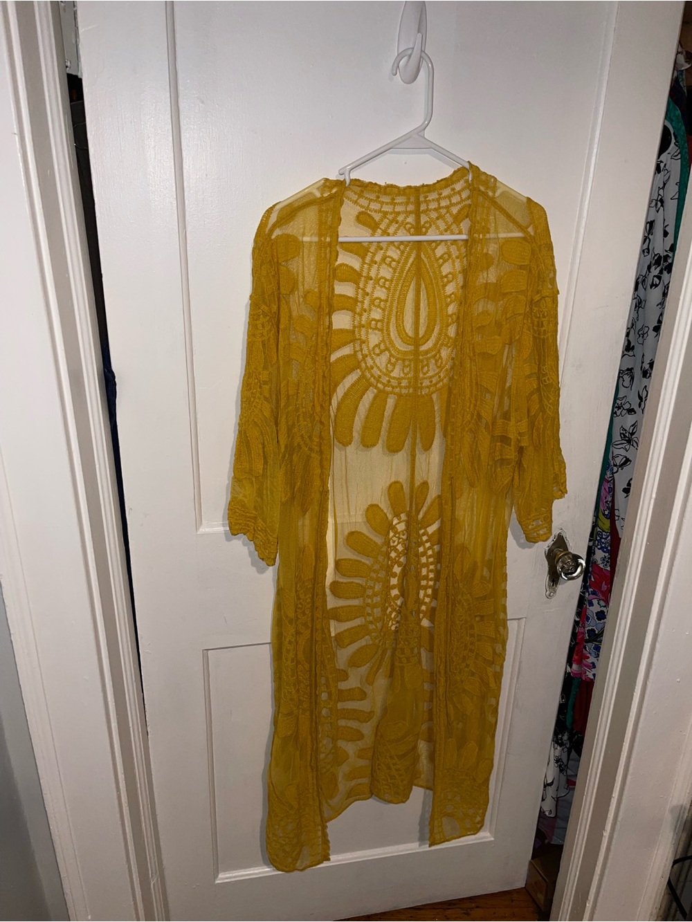 Sheer Mustard Yellow Crochet Duster Kimono - One Size
